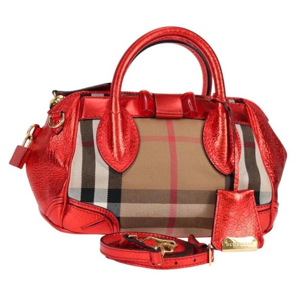 BURBERRY Nova Check Hand Bag Canvas Leather 2way Red Gold Auth - Picture 1 of 16